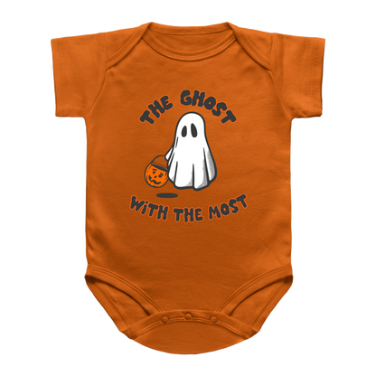 An orange infant bodysuit featuring a Halloween graphic of a white ghost holding an orange pumpkin, with the text &