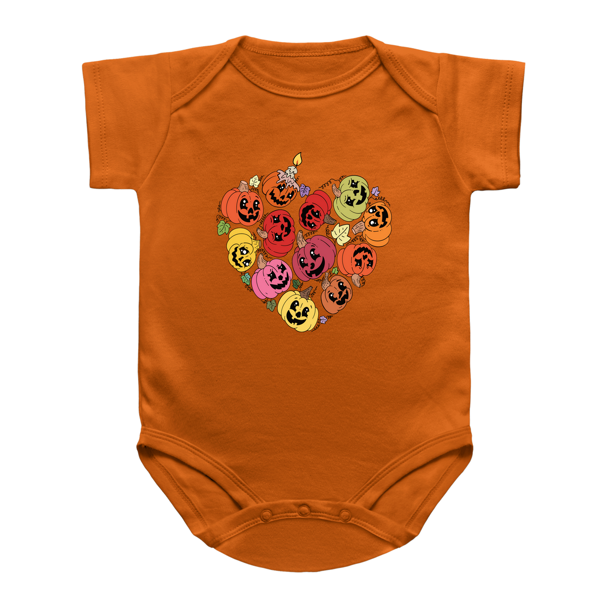 An orange baby bodysuit with a heart-shaped graphic of Halloween jack-o&