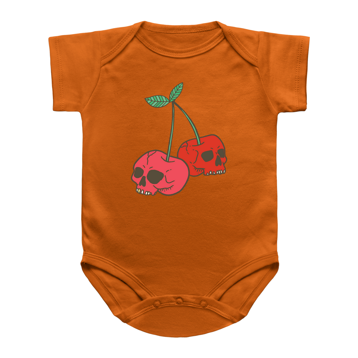 An orange short-sleeve Halloween infant bodysuit featuring two cherries shaped like skulls for Halloween.
