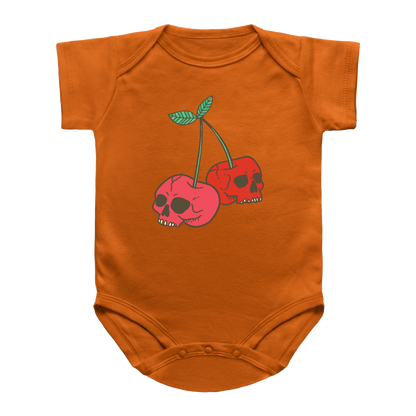 An orange short-sleeve Halloween infant bodysuit featuring two cherries shaped like skulls for Halloween.