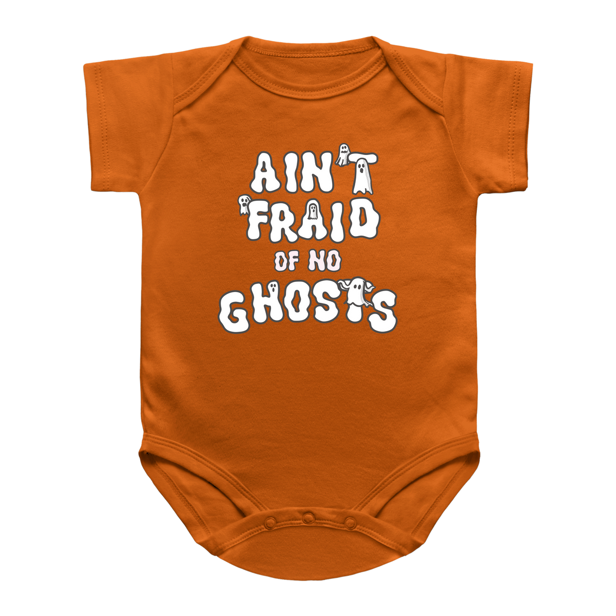 A Halloween orange infant onesie with a text that reads &