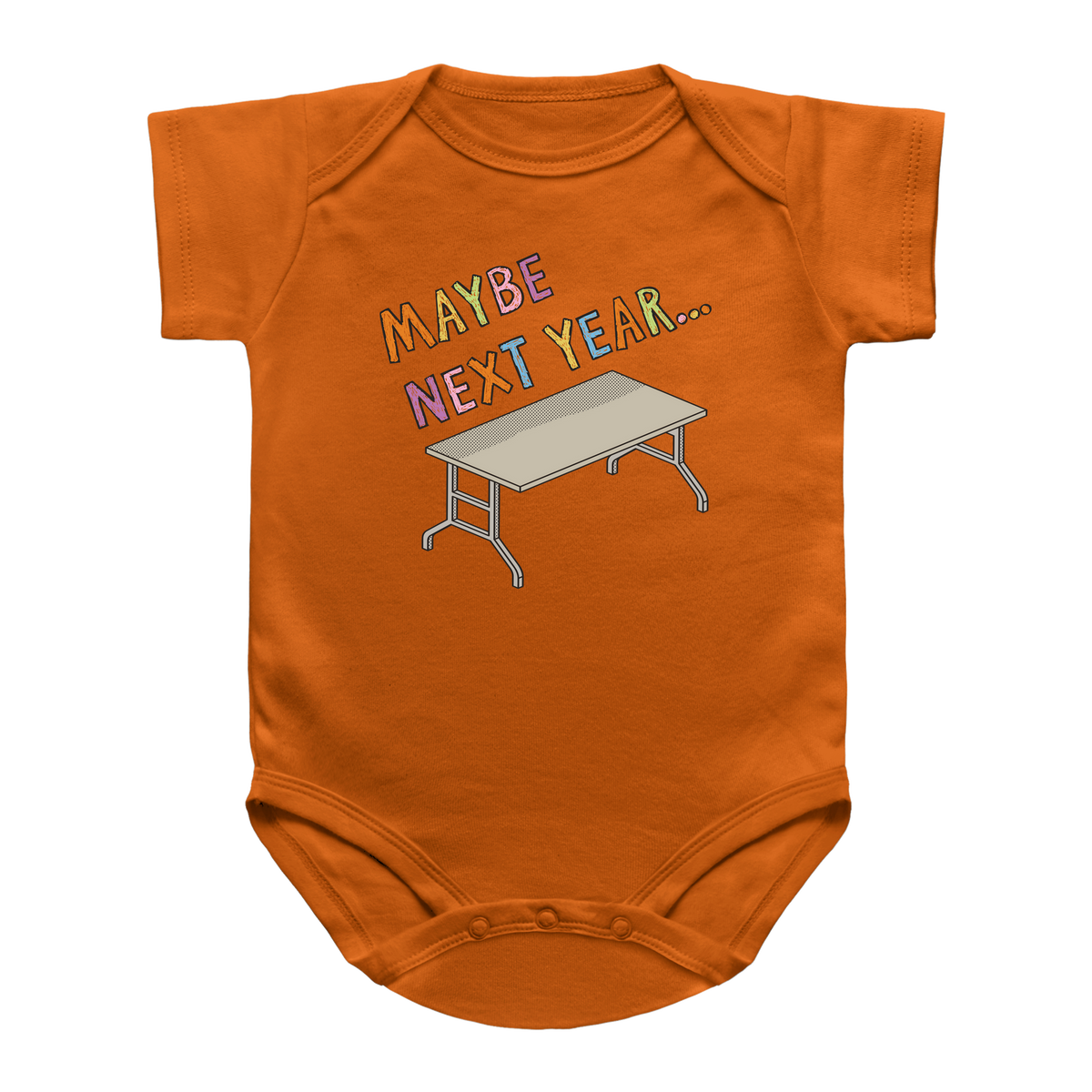 An orange short-sleeve infant onesie featuring a graphic print of a Thanksgiving folding table and the text &