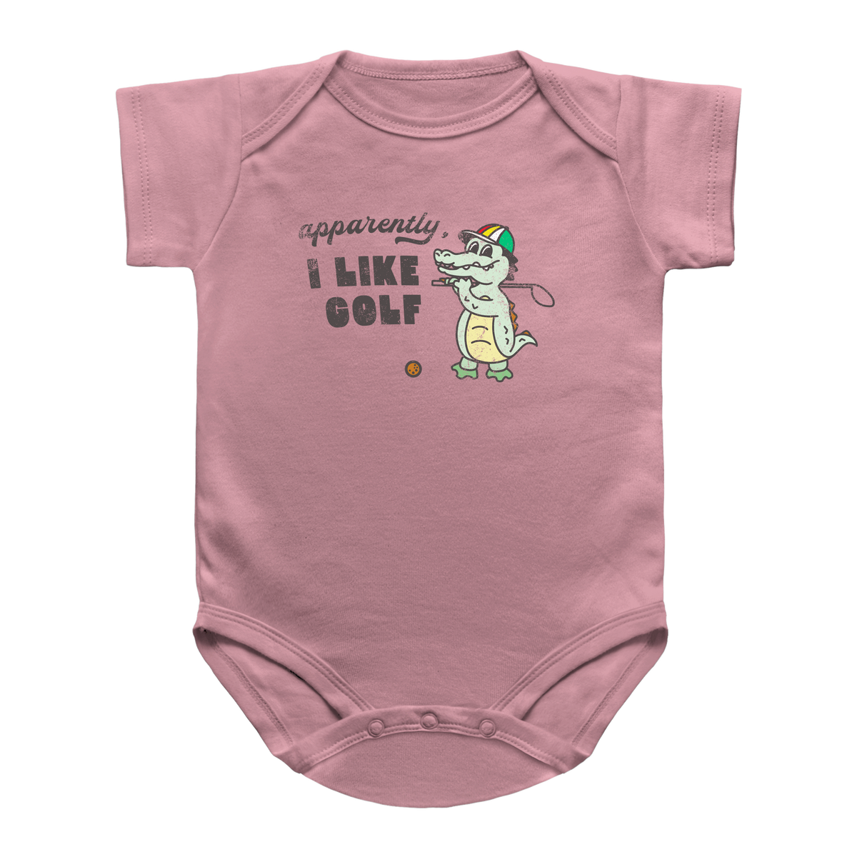A dusty pink short-sleeve baby infant bodysuit featuring a cartoon alligator wearing a green and red striped golf hat, holding a golf club next to the text &