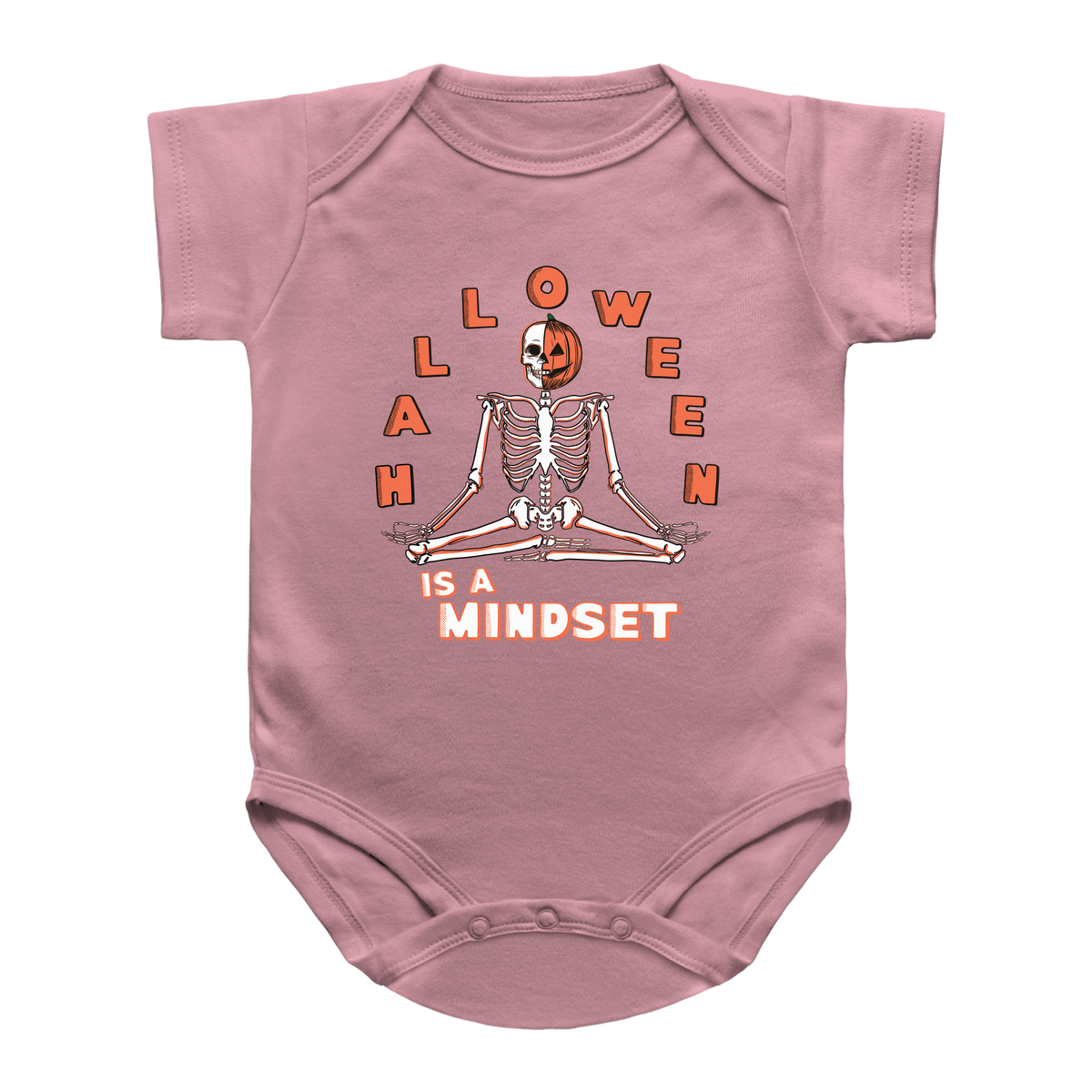 A pink short-sleeve baby bodysuit featuring a Halloween-themed graphic of a meditating skeleton with a jack-o&