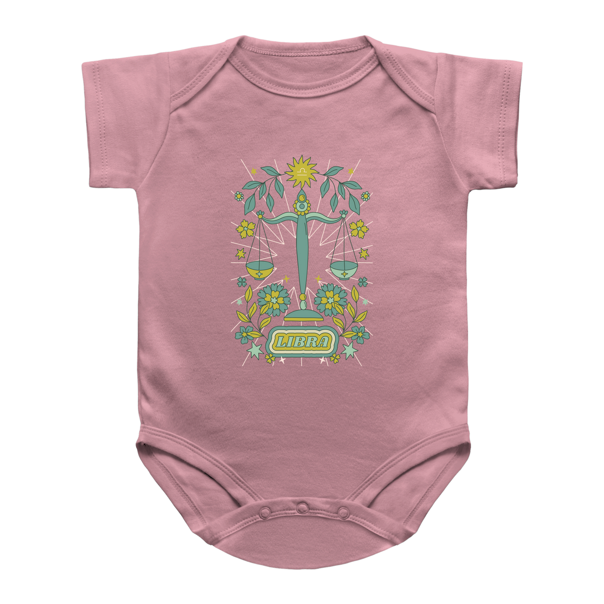 A pink short-sleeve baby bodysuit featuring a colorful graphic of green scale of justice surrounded by green leaves, yellow flowers, and a sun, with the word &