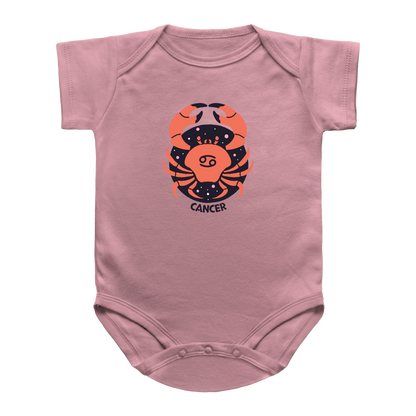 A pink baby infant bodysuit featuring a graphic of a Cancer zodiac sign in orange and black, with the word &