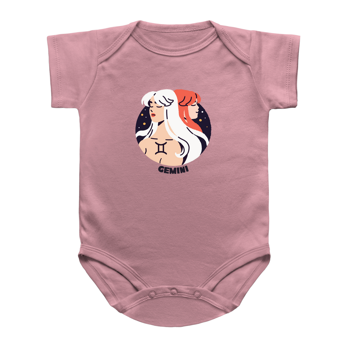 A pink short-sleeve infant onesie featuring a circular Gemini zodiac graphic on the chest, displayed against a solid white background.
