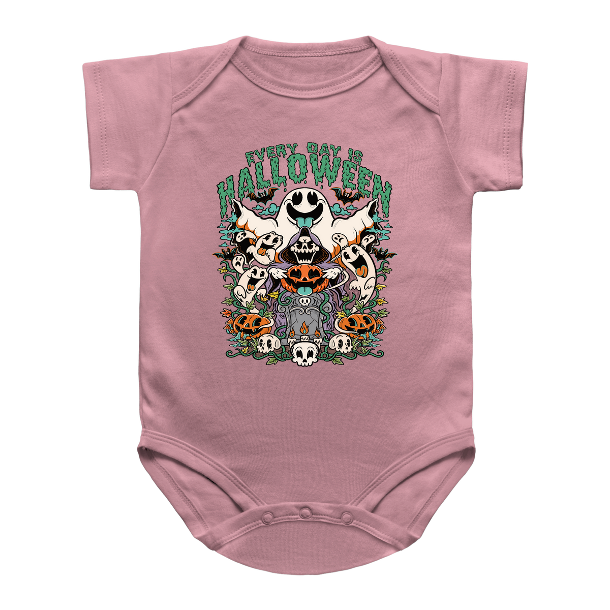 A pink short-sleeve infant onesie featuring a colorful Halloween graphic on the chest with the text &