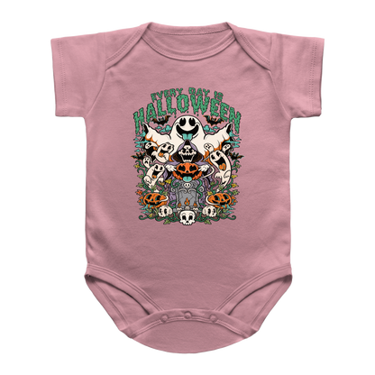 A pink short-sleeve infant onesie featuring a colorful Halloween graphic on the chest with the text &