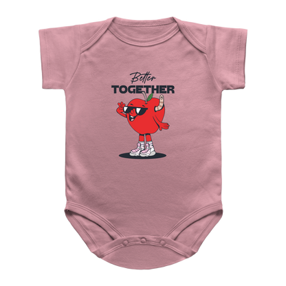 A pink infant onesie featuring a Valentine&