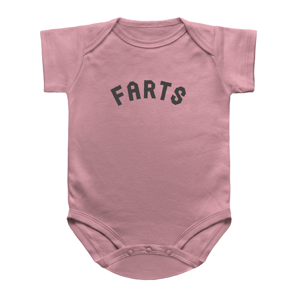 A pink baby bodysuit with the word &
