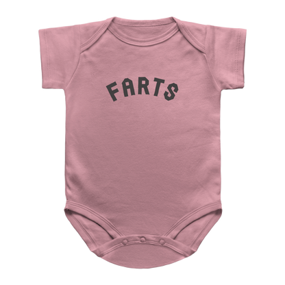 A pink baby bodysuit with the word &