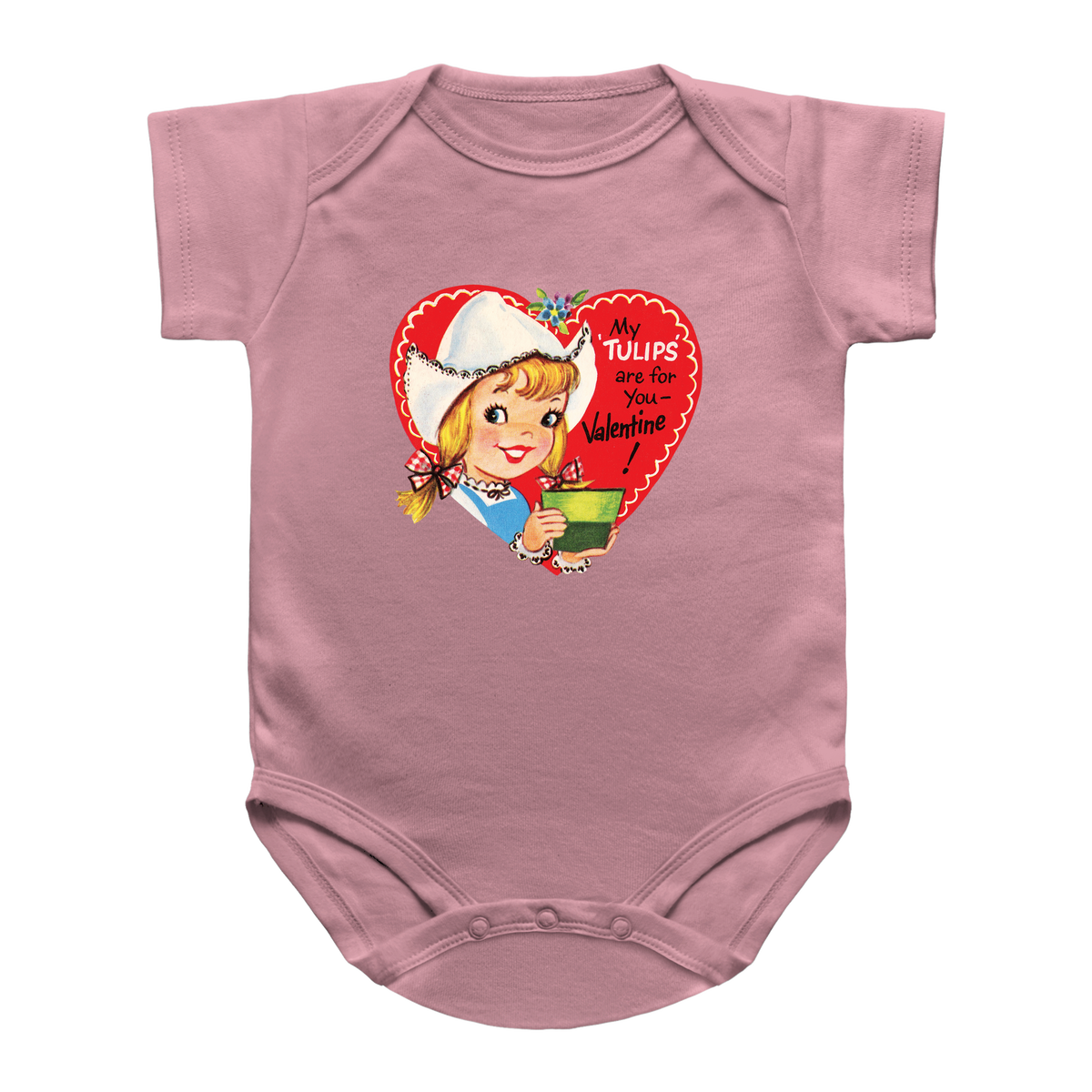 A pink short-sleeve infant onesie featuring a vintage-style Valentine&