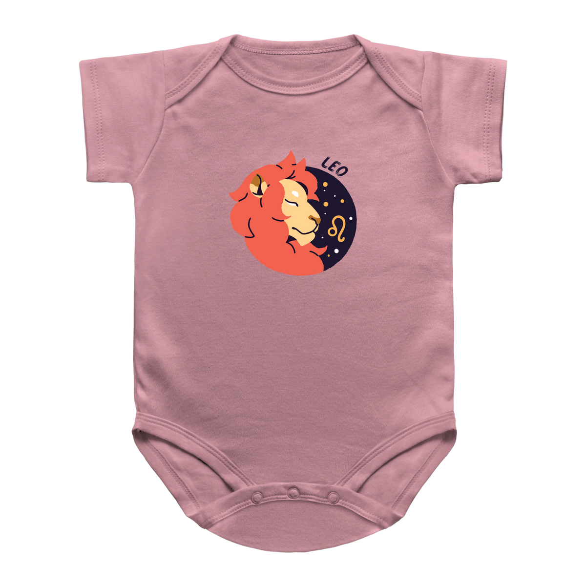 A dusty pink short-sleeve baby bodysuit featuring a central graphic of a Leo zodiac sign illustration with a red lion, a yellow moon, and a dark blue starry crescent moon, alongside the text &