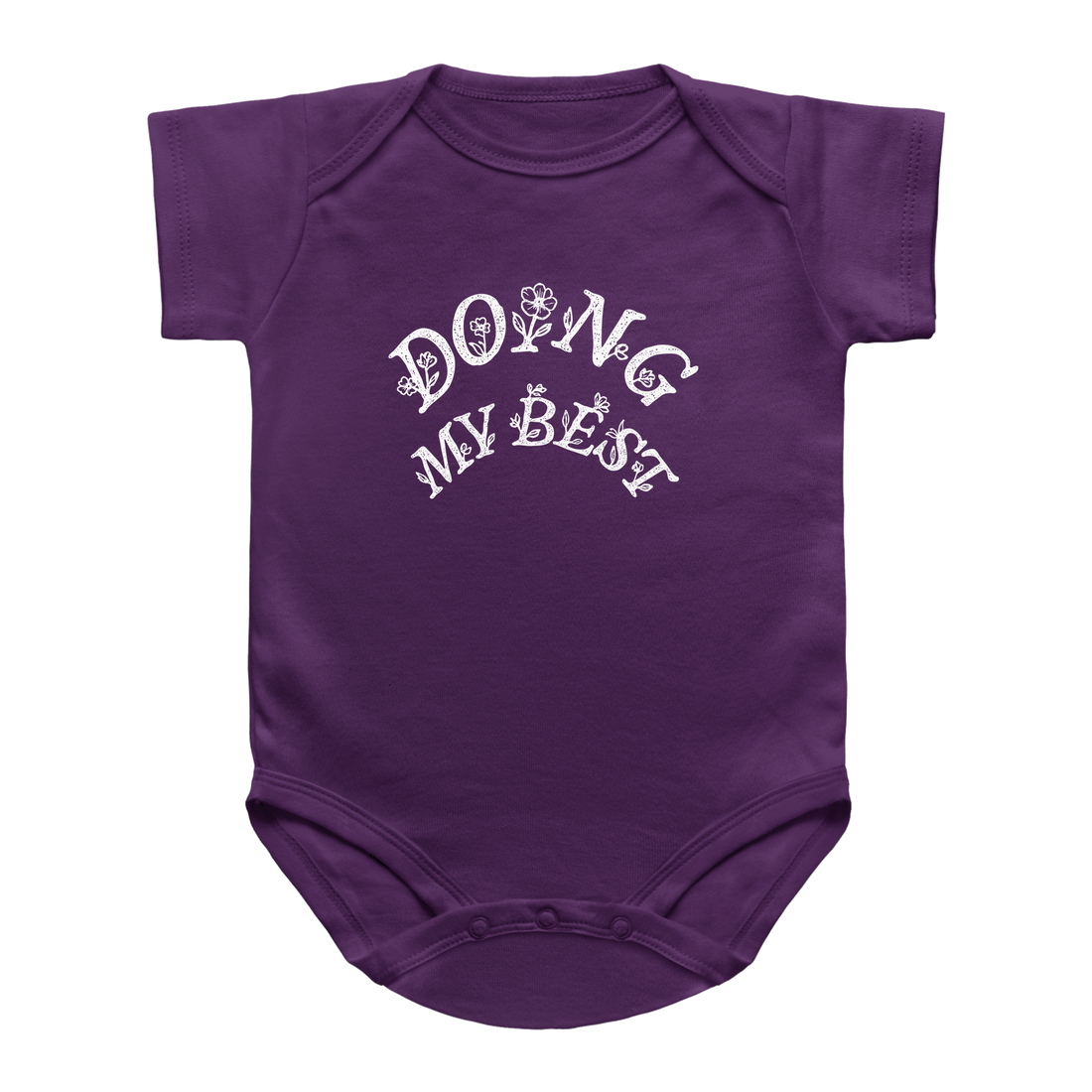 A purple short-sleeve baby bodysuit with &