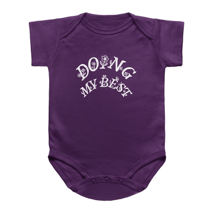 A purple short-sleeve baby bodysuit with &
