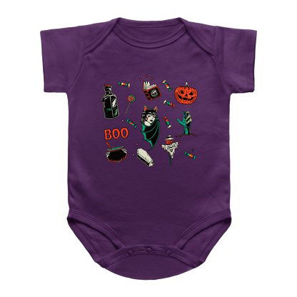 A purple short-sleeve infant onesie with various Halloween-themed graphics of a jack-o&