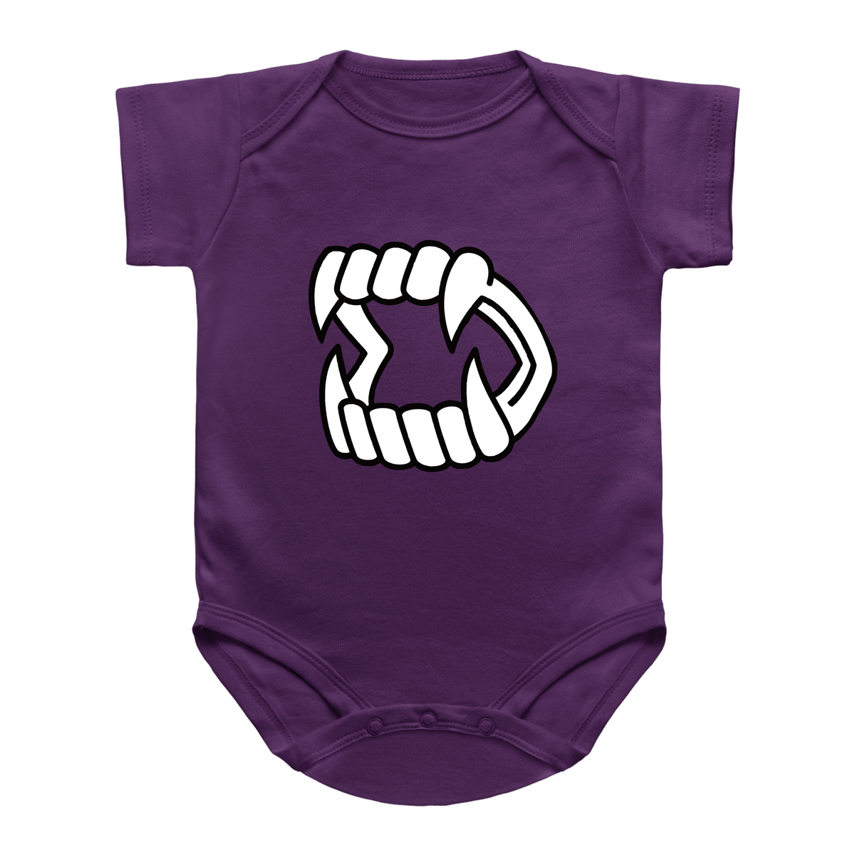 A purple short-sleeve infant onesie featuring a white Halloween vampire fang kid toy printed on the chest.