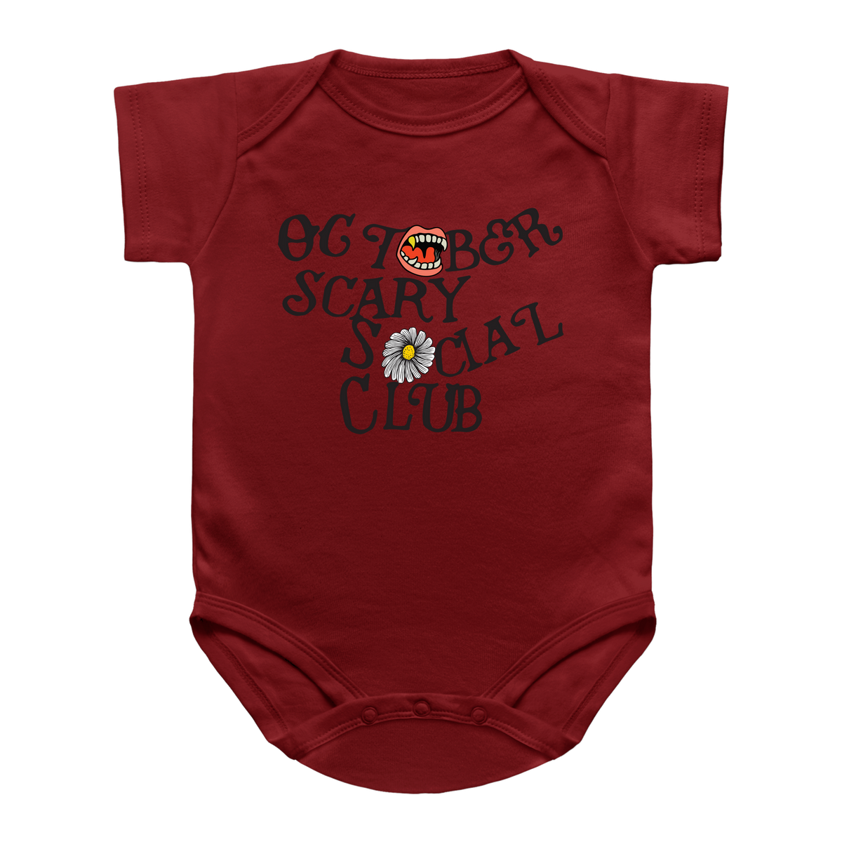 A red short-sleeve baby bodysuit with a graphic reading &
