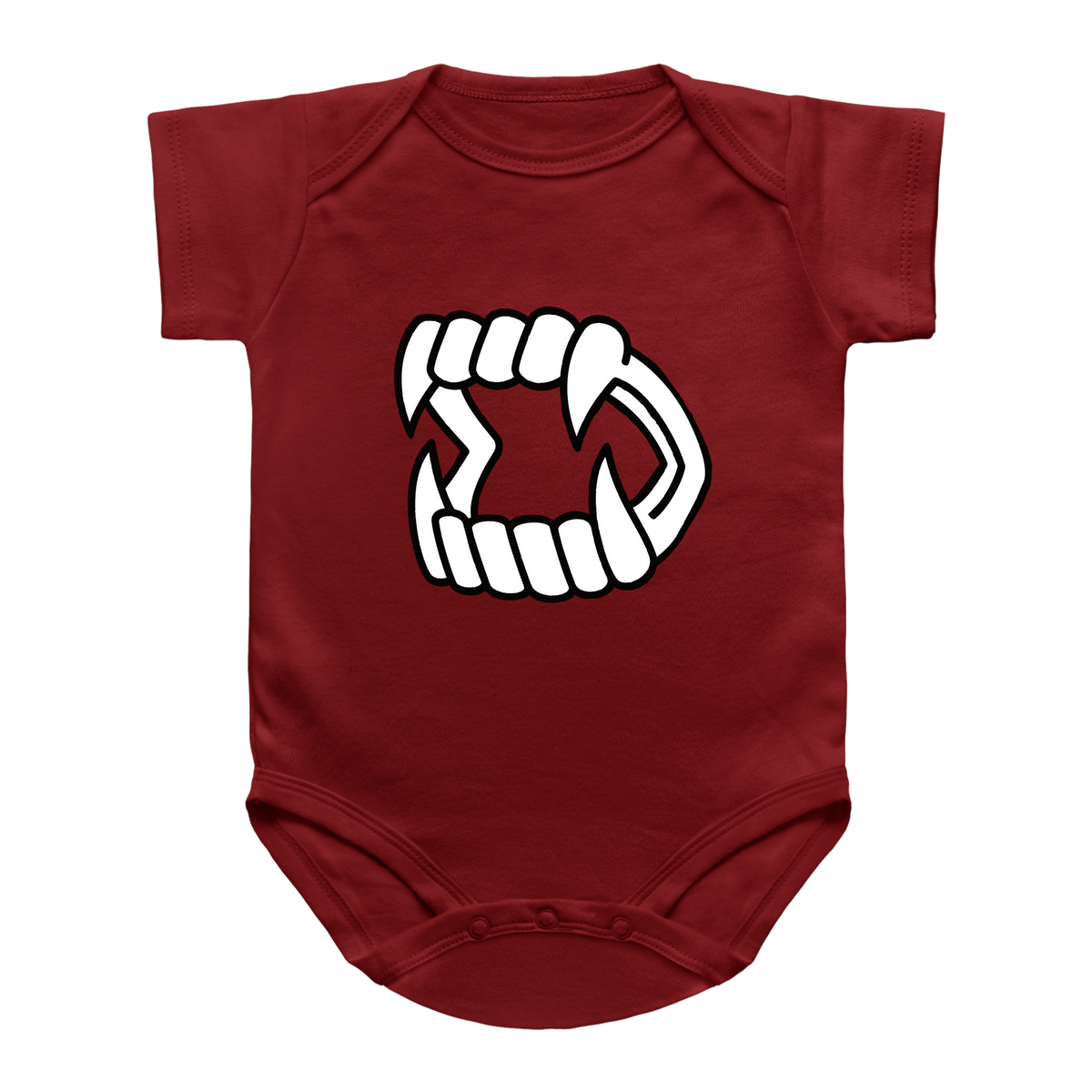 A red short-sleeve infant onesie featuring a white Halloween vampire fang kid toy printed on the chest.