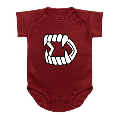 A red short-sleeve infant onesie featuring a white Halloween vampire fang kid toy printed on the chest.