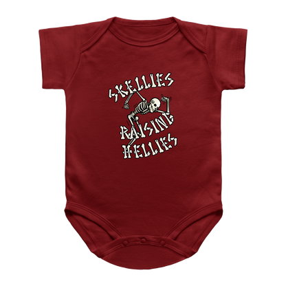A red short-sleeve infant onesie with a graphic print on the chest featuring a skeleton and the text &