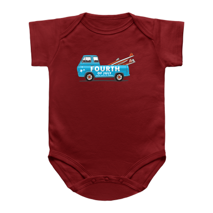 A red short-sleeve infant onesie featuring a graphic of a blue surf truck carrying red and white surfboards with the text 4th of July on the chest for USA.