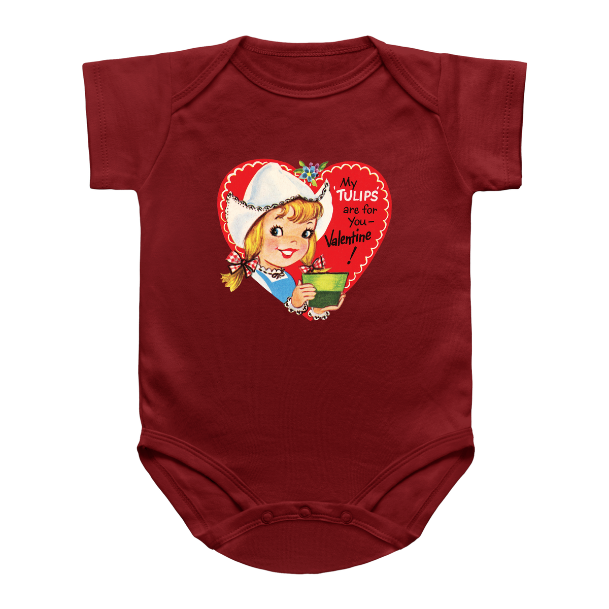 A dark red short-sleeve infant bodysuit featuring a vintage Valentine&