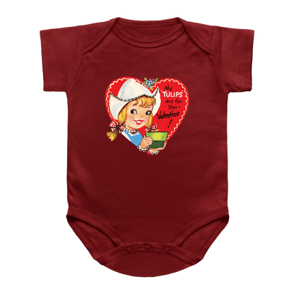 A dark red short-sleeve infant bodysuit featuring a vintage Valentine&