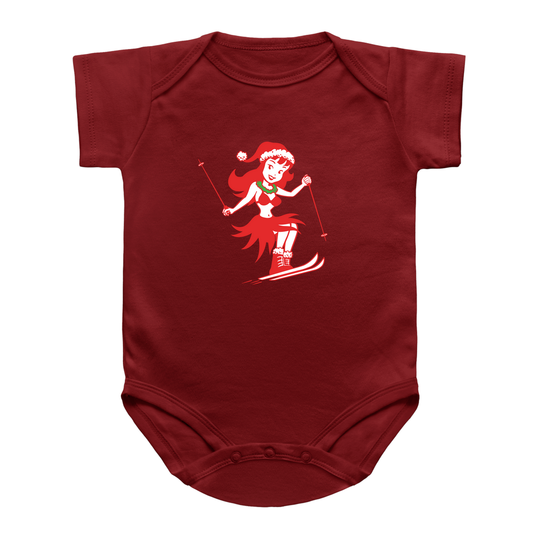 A red short-sleeve baby bodysuit featuring a red and white graphic of a woman skiing in a Santa hat, for Christmas.