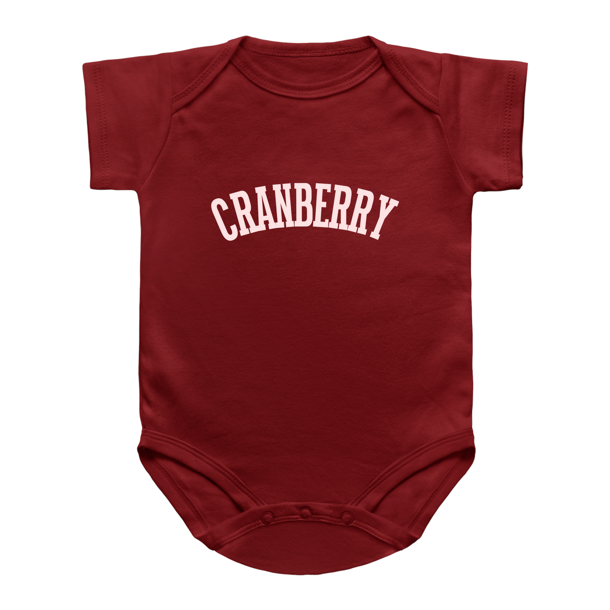 A short-sleeve infant onesie in dark red with the word &