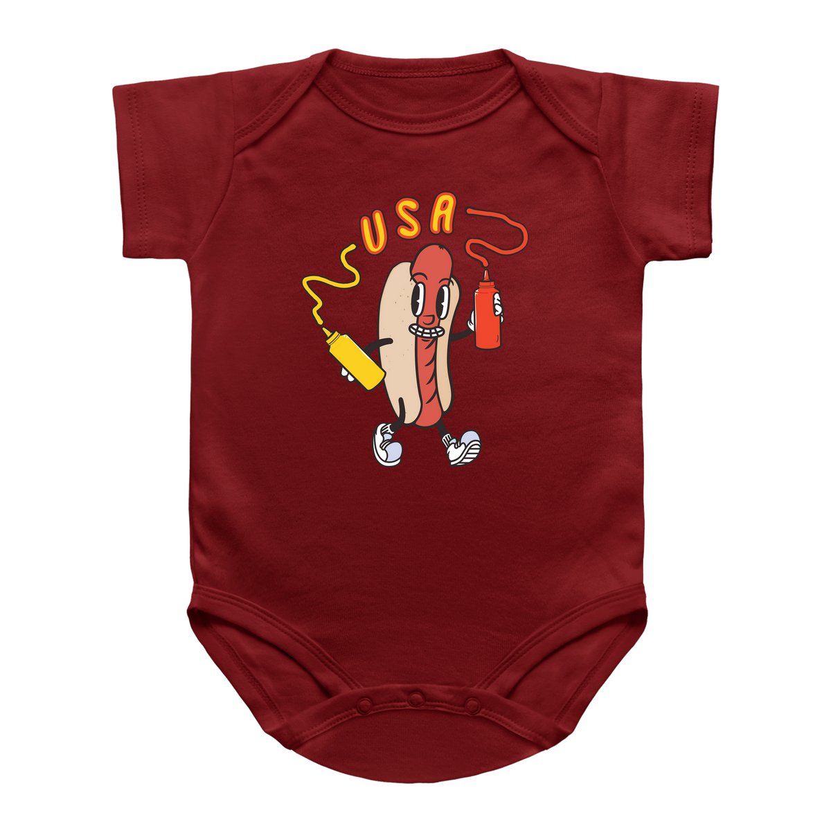 A red 4th of July short-sleeve infant onesie featuring a hot dog holding a yellow mustard bottle and a red ketchup bottle, with the word &