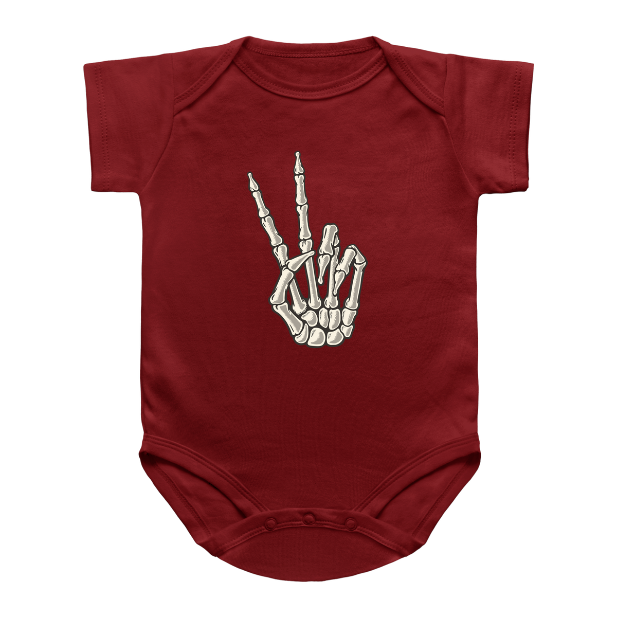 A red short-sleeve infant onesie featuring a skeleton hand graphic making a peace sign on the chest.