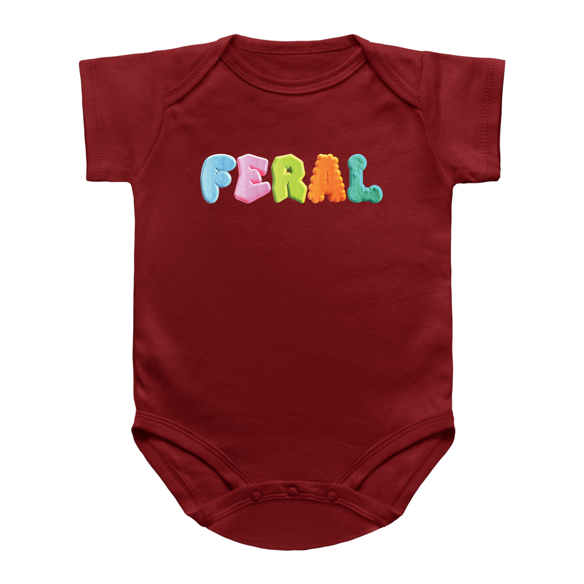 A red short-sleeve infant bodysuit featuring the word &