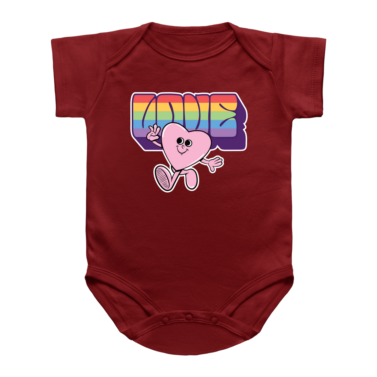 A short-sleeve baby bodysuit in dark red, featuring a colorful retro-style graphic on the chest with the word &