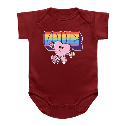 A short-sleeve baby bodysuit in dark red, featuring a colorful retro-style graphic on the chest with the word &