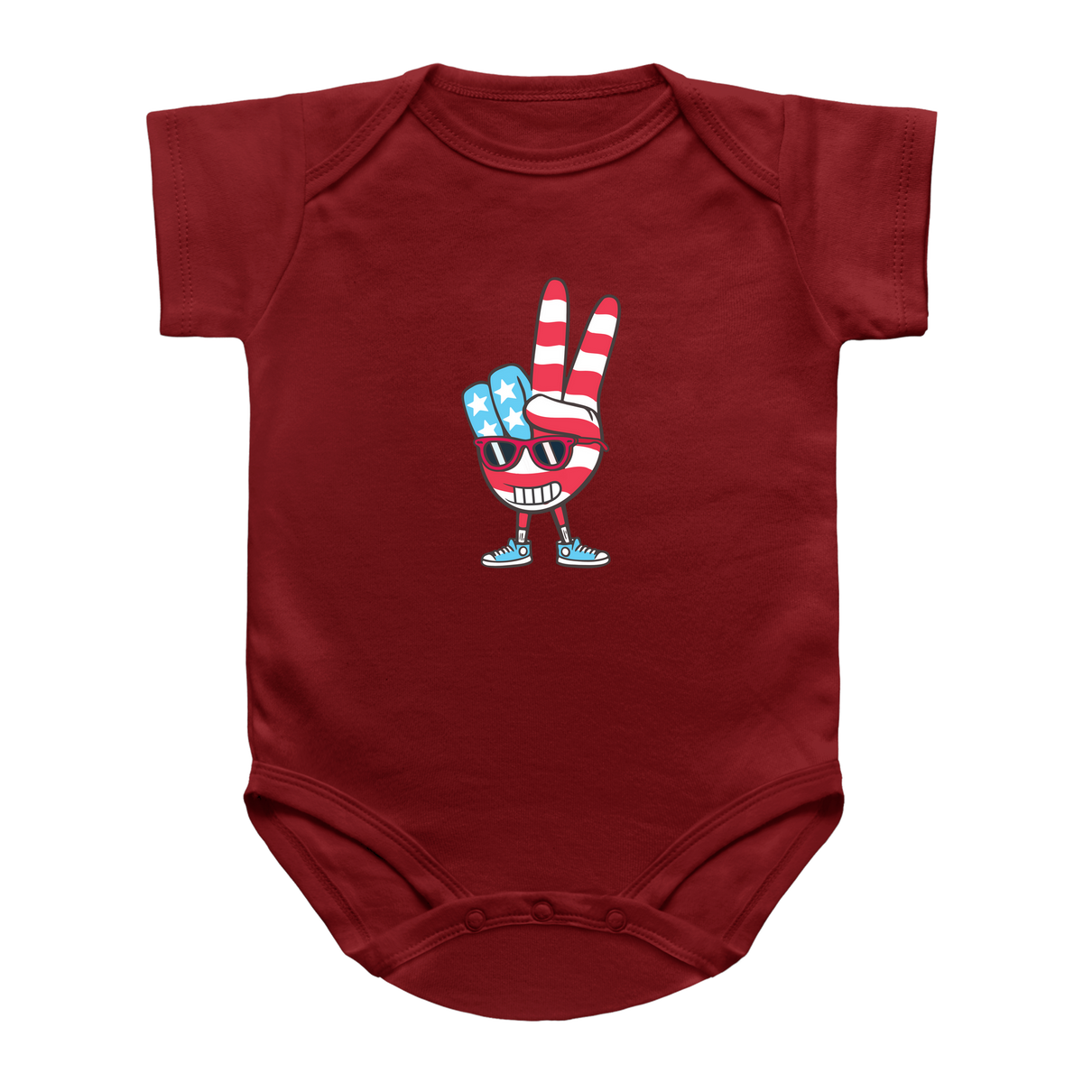 A red blue short-sleeve 4th of July infant bodysuit featuring a cartoon graphic of a hand making a peace sign with red and white stripes and blue accents, set against a plain white background.