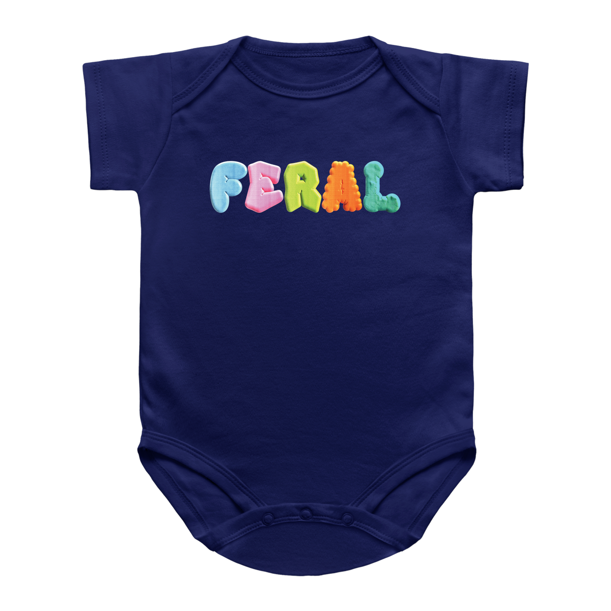 A navy blue short-sleeve baby bodysuit featuring the word &