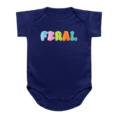 A navy blue short-sleeve baby bodysuit featuring the word &