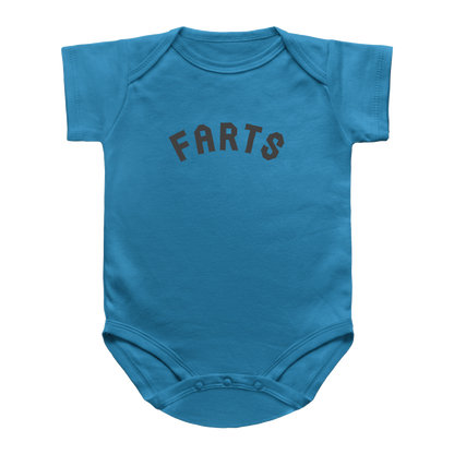 A bright blue infant onesie with the word &