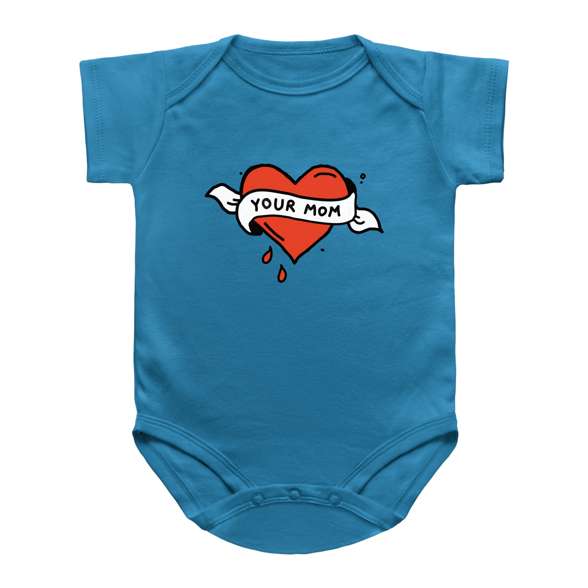 A bright blue short-sleeve infant bodysuit with a tattoo graphic on the chest showing a red heart, a white banner reading &