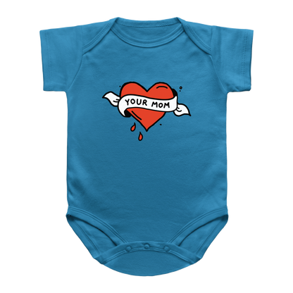 A bright blue short-sleeve infant bodysuit with a tattoo graphic on the chest showing a red heart, a white banner reading &