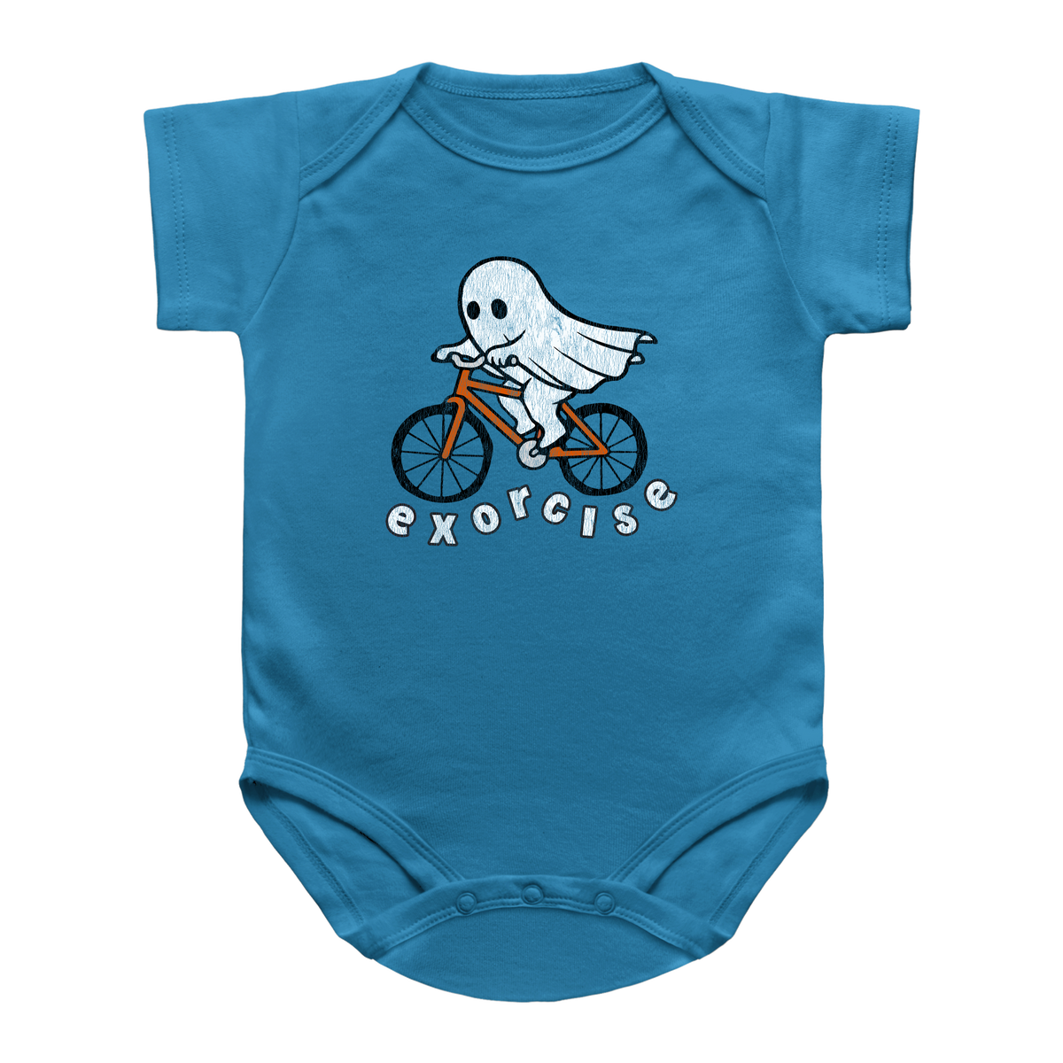 A blue Halloween short-sleeve infant onesie featuring a cartoon ghost riding a bicycle with the word &