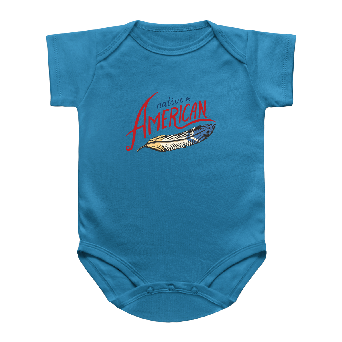 A turquoise infant onesie featuring a feather graphic with the text &