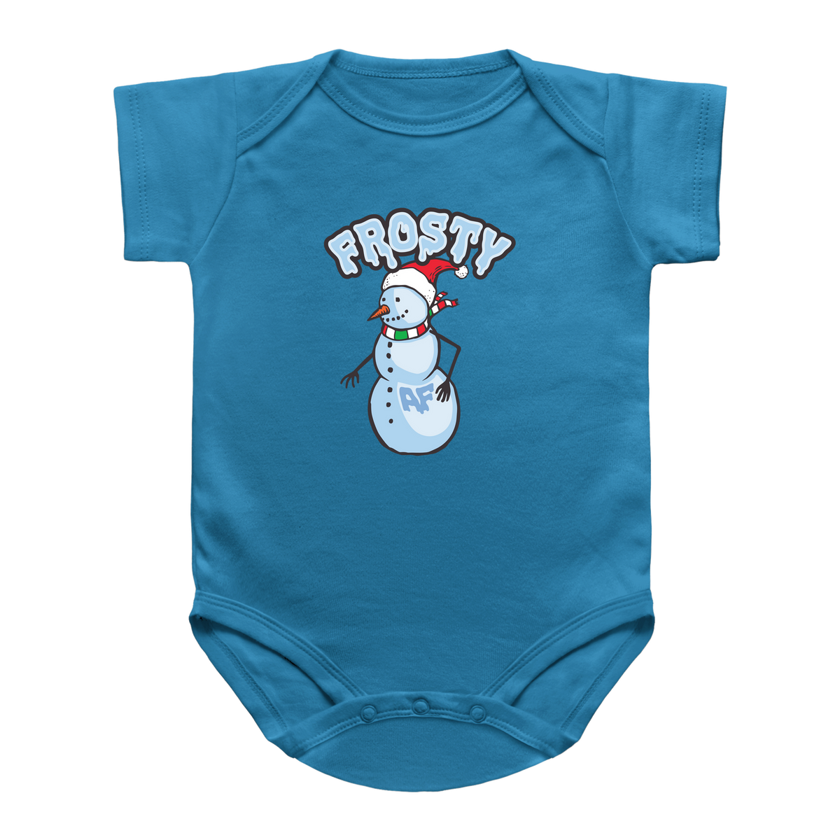 A blue short-sleeve infant onesie featuring a snowman Santa and the phrase &