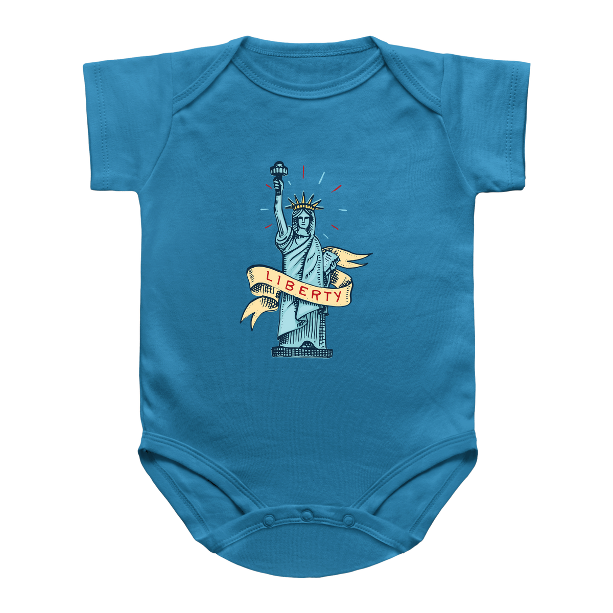 A royal blue short-sleeve infant onesie for the 4th of July featuring the Statue of Liberty with a banner reading &