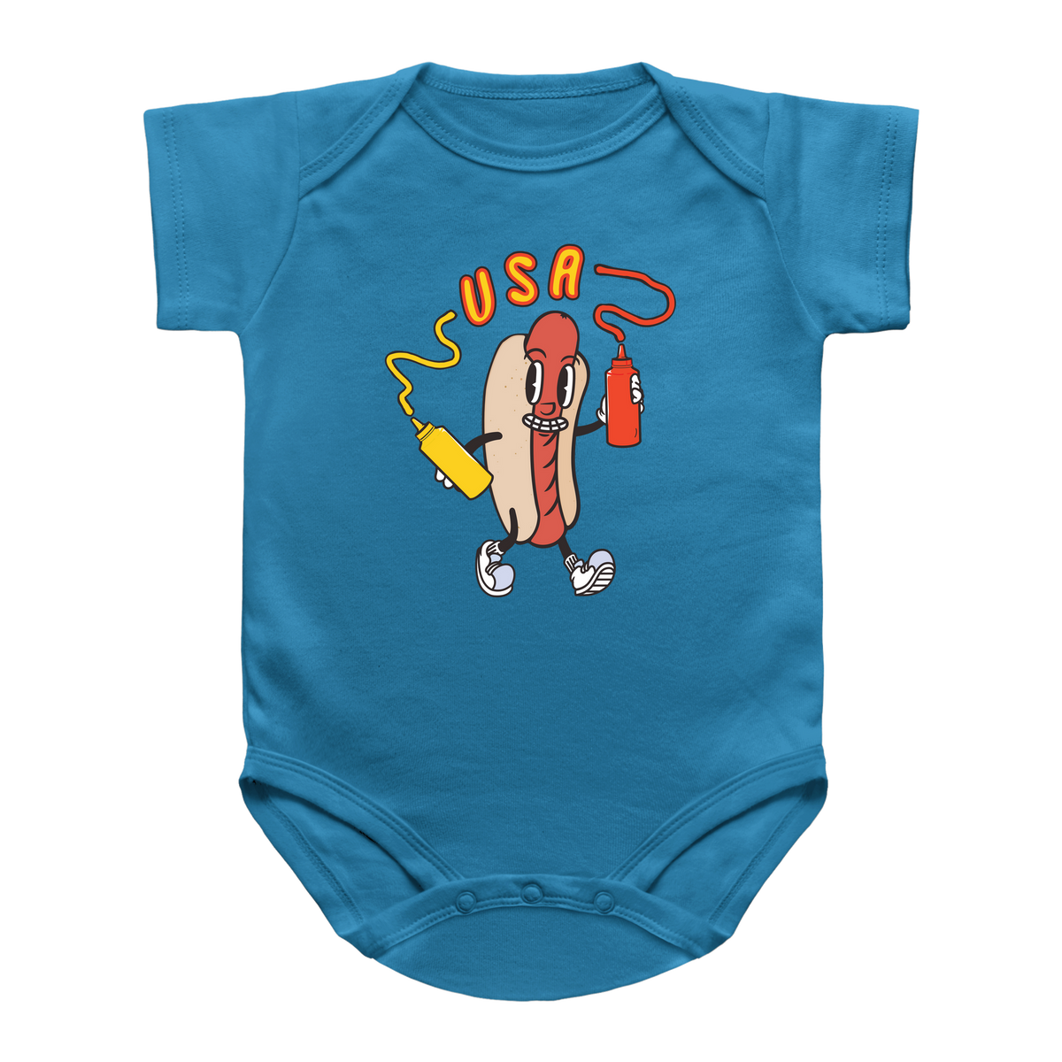 A 4th of July blue short-sleeve baby bodysuit featuring a hot dog holding a yellow mustard bottle and a red ketchup bottle, with the word &