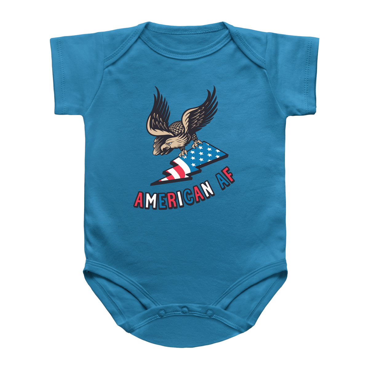 A turquoise short-sleeve baby onesie for 4th of July featuring a graphic of an eagle holding an American flag with the text &
