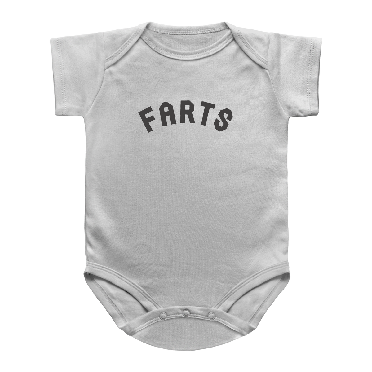 A white baby bodysuit with the word &