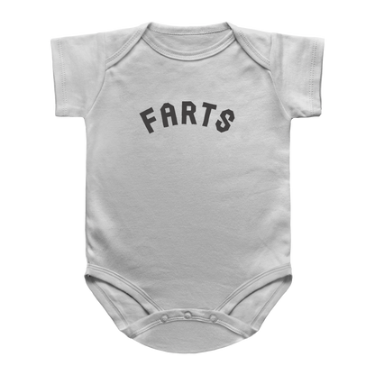 A white baby bodysuit with the word &